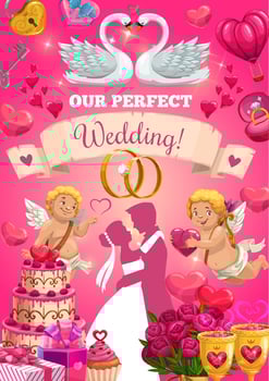 Wedding card with bride and groom, love symbols vector