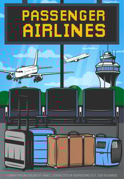 Airport terminal lounge and airplanes. Air travel vector