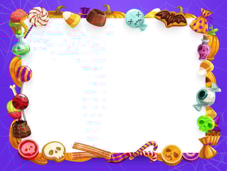 Halloween sweet treats, candies and pumpkin frame vector