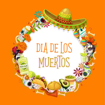 Day of Dead Mexican holiday symbols and lettering vector