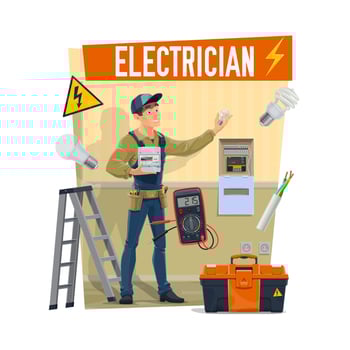 Electrician with tools, toolboox and equipment vector