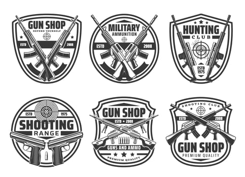 Shop gun icons, crossed rifles and pistols ammo vector