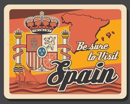 Travel to Spain retro poster with map and crown vector