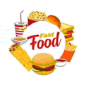Fastfood isolated round frame, burger, soda drink vector
