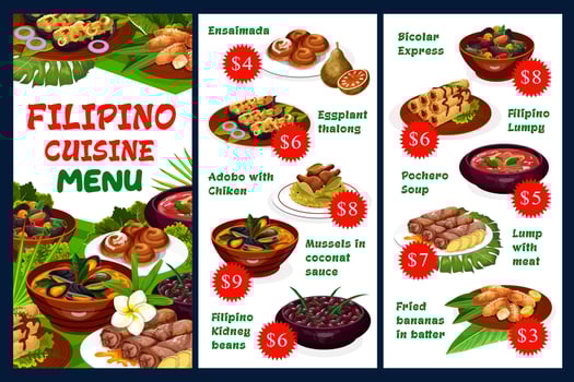 Filipino restaurant menu, traditional cuisine vector