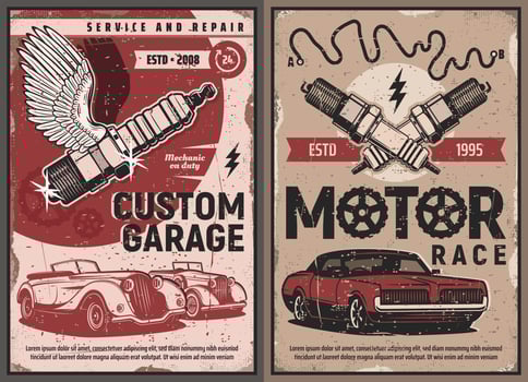 Auto repair service, car motor race posters vector