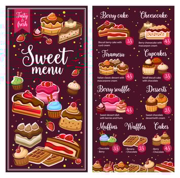 Bakery pastry sweets, cafe and patisserie menu vector