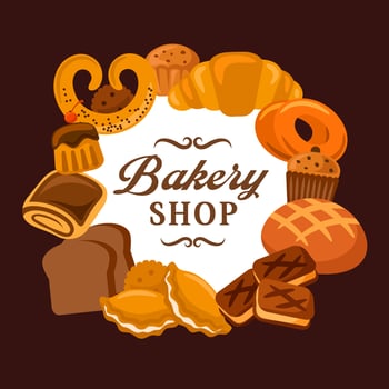 Bread and bakery shop, baked sweets and buns vector