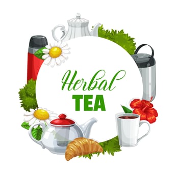 Flower and herbal tea, vector round frame