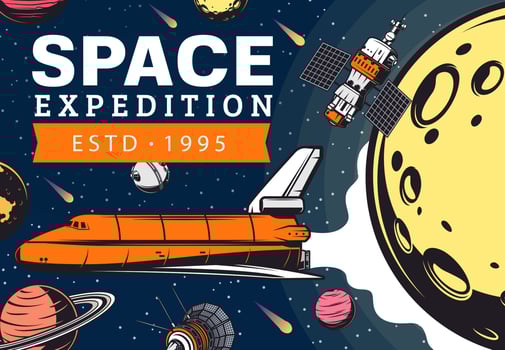 Space expedition flying shuttle. Galaxy vector