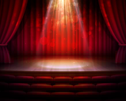 Stage, red curtains, spotlight, seats background vector