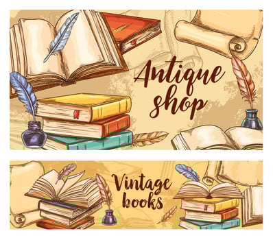 Antique books vector banners, vintage bookshop