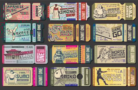 Japan travel ticket templates, japanese coupons vector