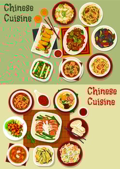 Chinese and Asian dishes of seafood, meat, veggies vector