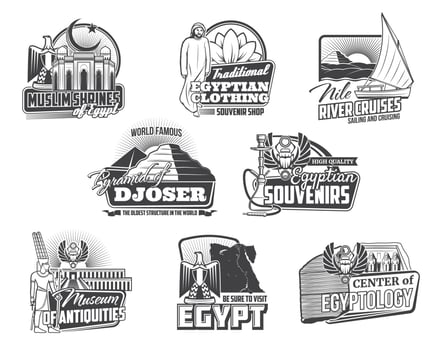 Egyptian pyramids, map, Gods. Ancient Egypt icons vector