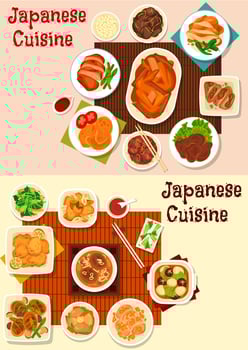 Japanese meat dishes with Asian sauces and veggies vector