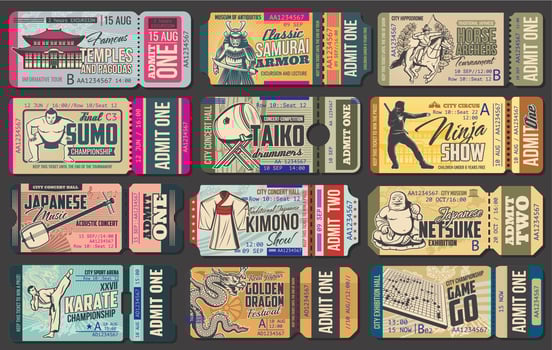 Tickets of Japanese museums, festivals and shows vector