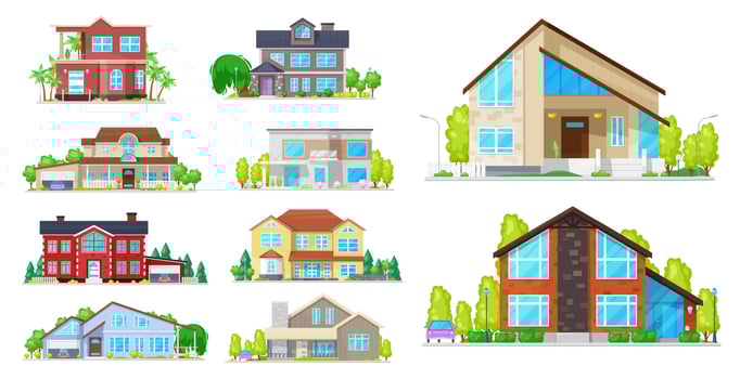 House, cottage, villa and mansion building icons vector