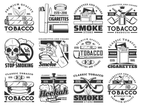 Cigarette pack, cigar, pipe, tobacco leaf icons vector