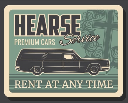 Hearse cadillac car with coffin, wreath and cross vector