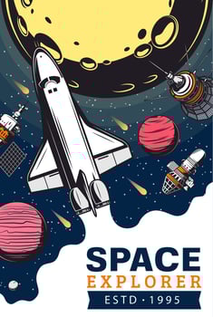 Space exploration retro poster, galaxy expedition vector