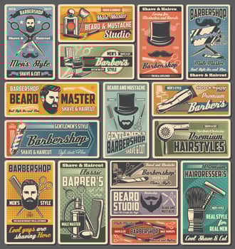 Barbershop pole, chairs, shavers, razors, scissors vector