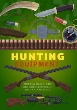 Hunting equipment and weapon, cartoon vector
