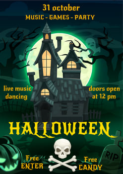 Halloween ghosts, pumpkins and haunted house vector