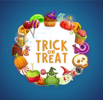 Halloween candies, pumpkins, cakes, lollipops vector