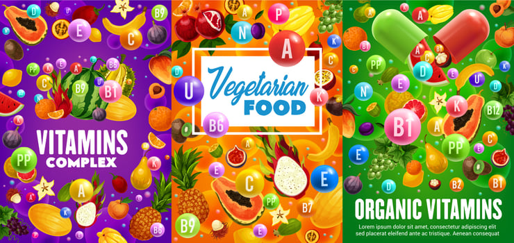 Vitamins in orange fruit, mango, banana, grapes vector