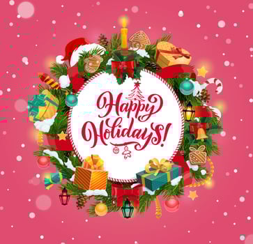 Christmas wreath of Xmas tree, gifts and presents vector