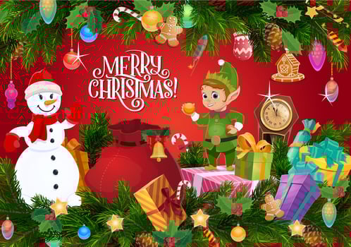 Christmas gifts and Xmas tree with snowman and elf vector