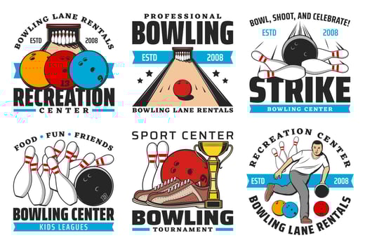 Bowling sport game icons with balls and pin strike vector