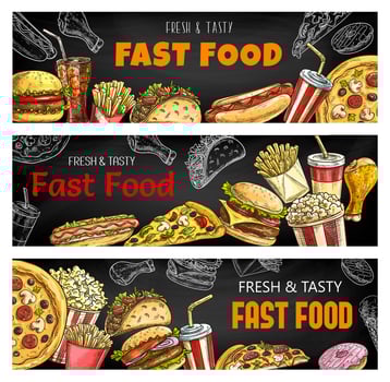 Sketch banners, fast food burgers and sandwiches vector