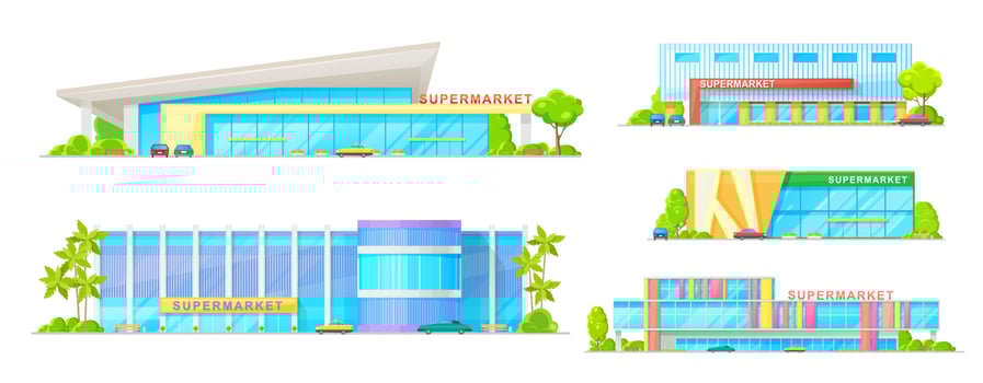 Supermarket and store buildings vector icons