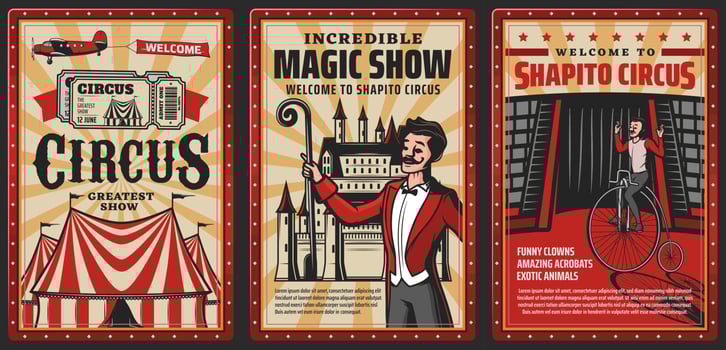 Circus or carnival top tent with magician, acrobat vector