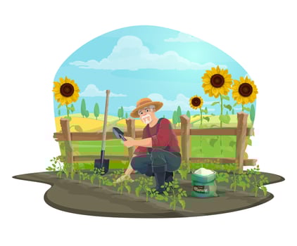 Farmer with shovel, trowel and fertilizer at farm vector