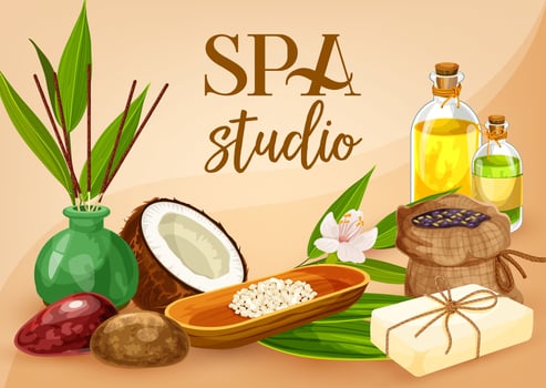 Spa salon massage oil, sauna soap and bath salt vector
