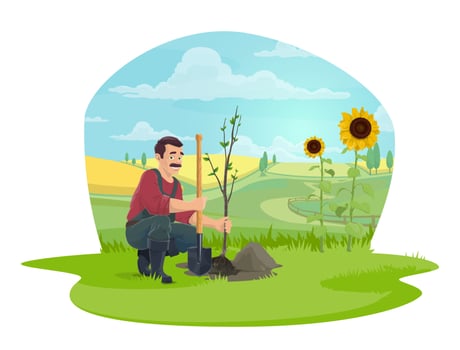 Farmer or gardener planting tree in garden icon vector