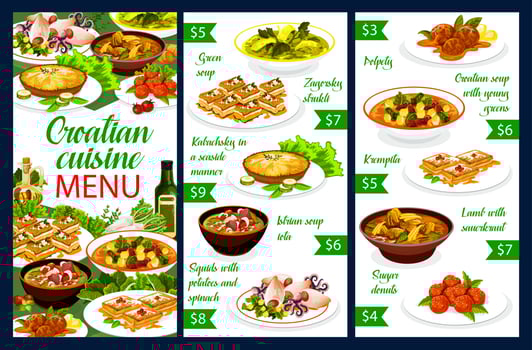 Croatian cuisine food, authentic restaurant menu vector