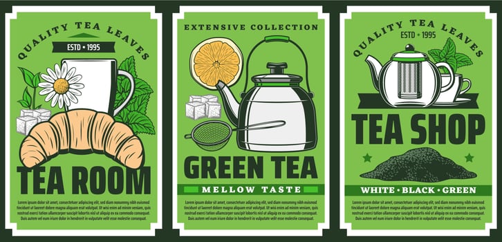 Premium quality herbal tea shop, teapot posters vector