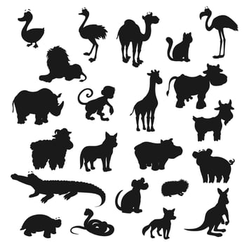 Cartoon animals isolated black silhouettes, vector