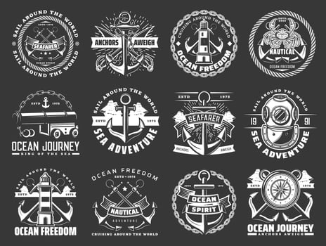 Nautical icons with sea anchors, chains and ropes vector