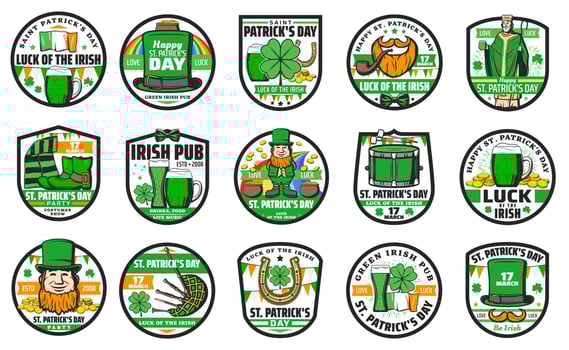 St Patrick, Irish leprechaun, shamrock, beer icons vector