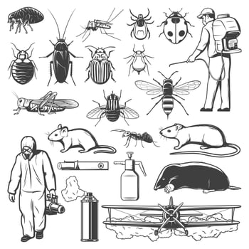 Pest control exterminator, insect and rodent icons vector