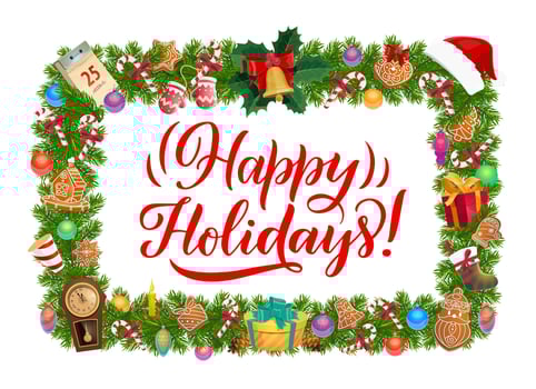 Christmas frame with Xmas tree and gifts border vector