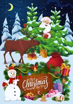 Santa, snowman and deer with Christmas tree, gifts vector