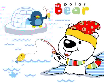Vector cartoon of polar bear and penguin fishing in ice land. Antarctica element cartoon