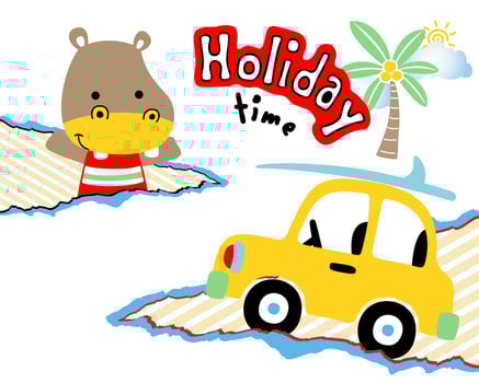 Vector illustration of hippo cartoon, little car, coconut tree, clouds and sun. Summer holiday elements cartoon