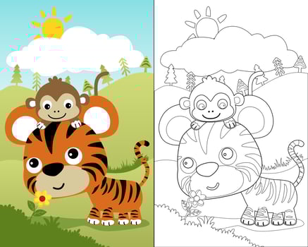 Cartoon of cute tiger with monkey smelling flower on nature background vector